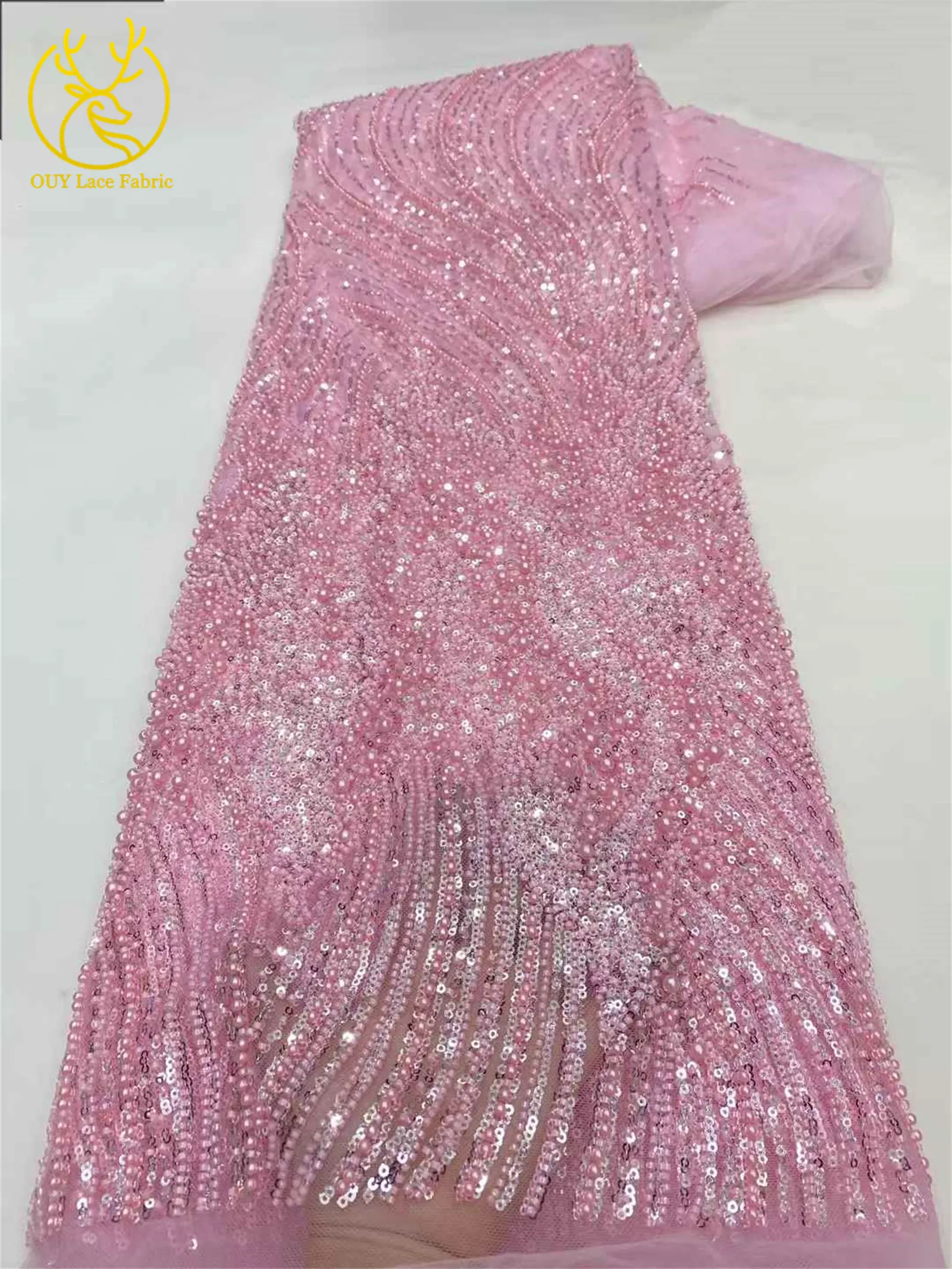 Rosa afrikanischer Bräutigam-Perlenstoff 2026, hochwertiger französischer nigerianischer Pailletten-Tüll-Spitzenstoff für Party, Hochzeit, Kleid, Nähen – Detail 5