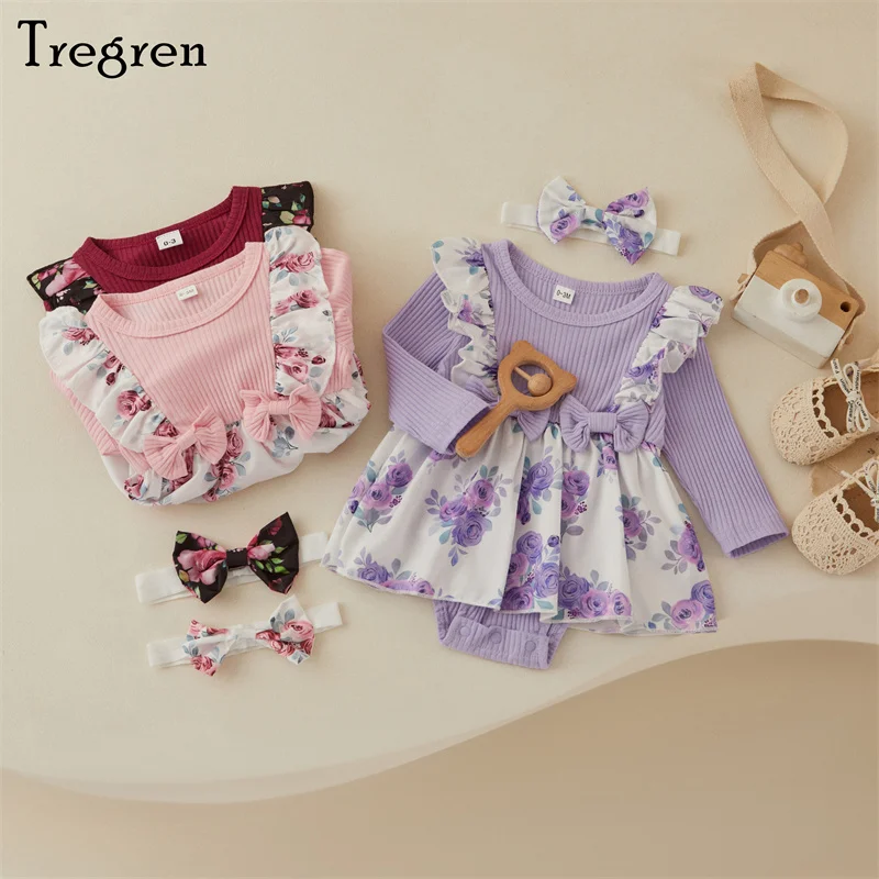 

Tregren 0-18M Newborn Infant Baby Girl Rompers Dress Fall Long Sleeve Rib Knit Floral Print Skirt Hem Jumpsuits with Headband