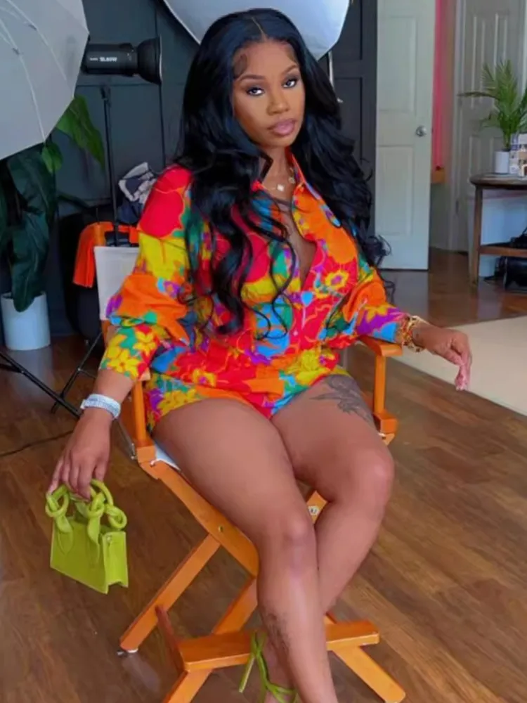 Printed 2 Piece Sets Women Outfit Summer Fashion Casual Beach Vacation Flower Print Long Sleeve Shirt And Shorts Two Piece Set