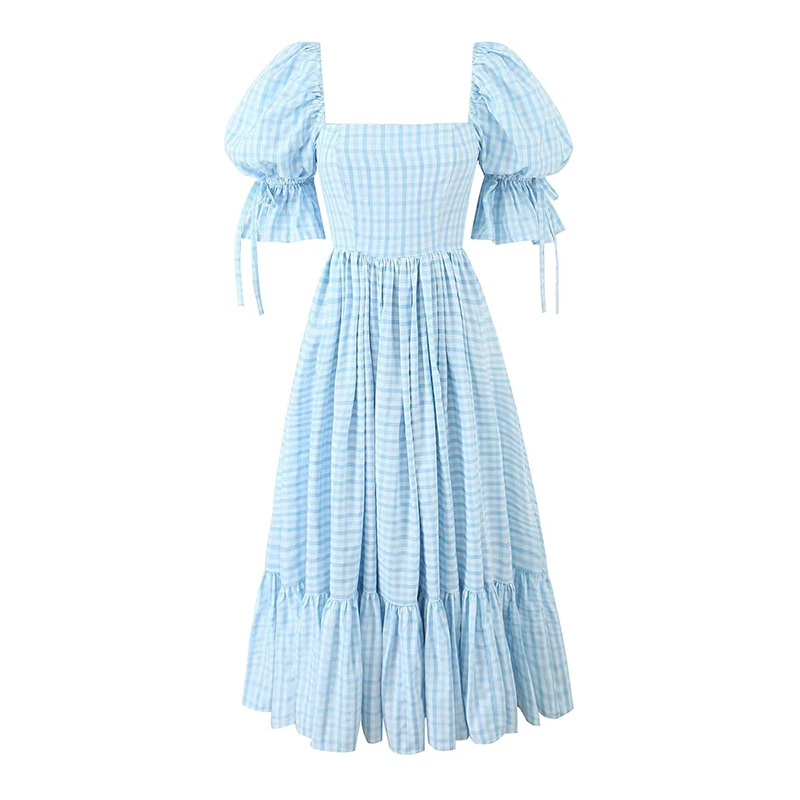 Verano Mujer Vintage Puff manga cuello cuadrado azul blanco vestido a cuadros pajarita fajas A-line Midi vestido elegante bata de fiesta de vacaciones