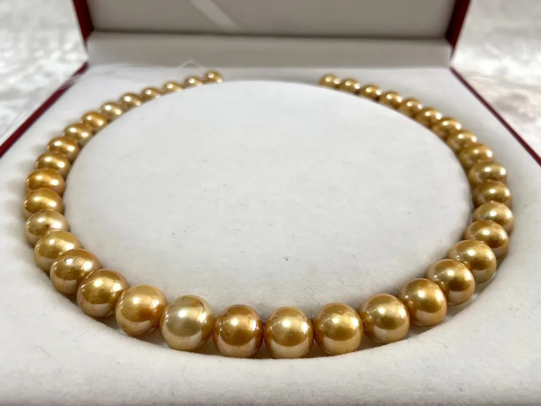 Special Price Natural 11-12mm Sea Pearls Necklace for Women Fine Deep Golden Round Pearls Fashion Less Flaw Jewelry Party Gift