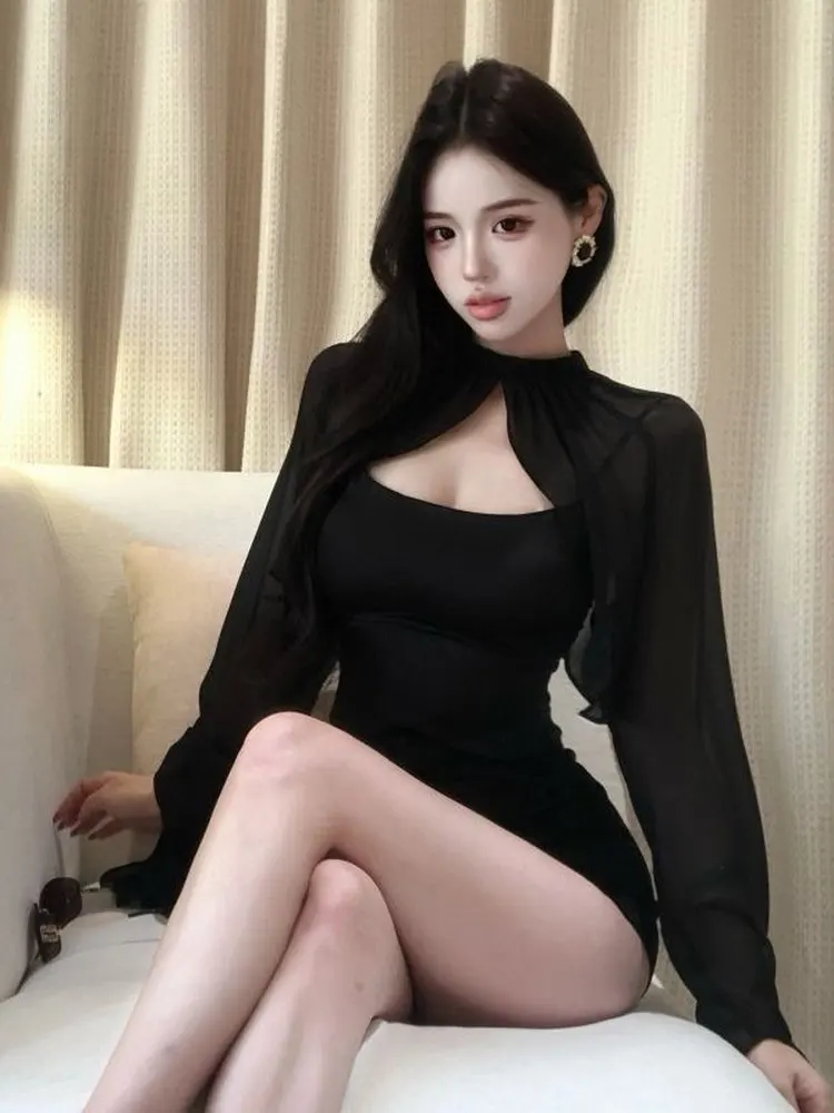 

KING BRAND Autumn 2025 Black Lace Cloak Shoulder Shirt Women's Two-Piece Set Inner Wear Strap Top Coat Casual Fashion