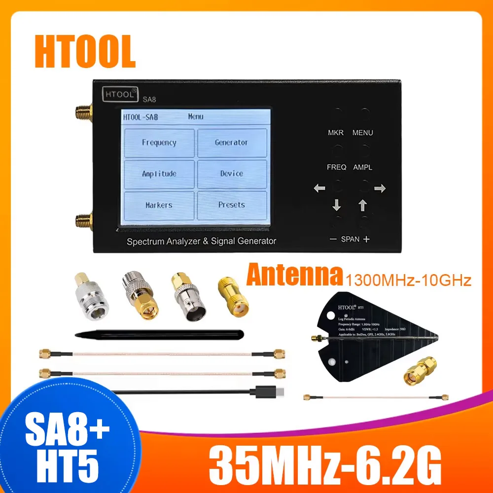 Generador de Señales RF Portátil HTOOL SA8+HT5 6G y Analizador de Espectro Profesional con Pantalla de 3.2'' Calibración S11 S21 35-6200MHz