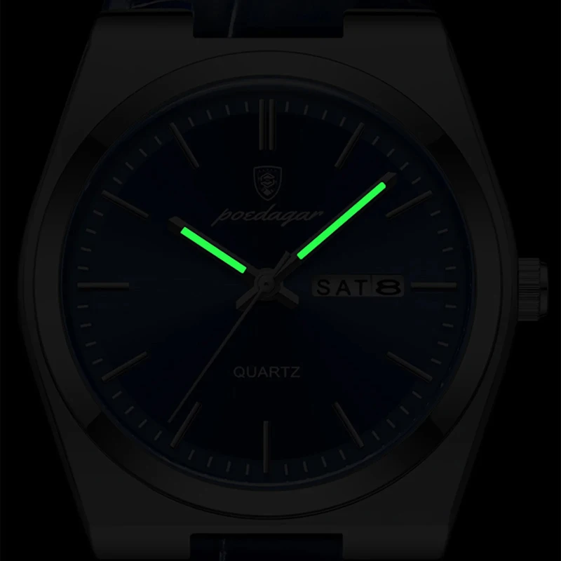 POEDAGAR 남성용 방수 쿼츠 시계, 럭셔리 브랜드 가죽 스트랩, 더블 캘린더, 남성 비즈니스, 레저 패션, 신제품