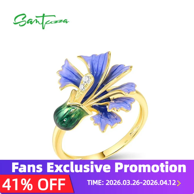 

SANTUZZA Аутентичные кольца из стерлингового серебра 925 пробы для женщин, сверкающий белый CZ, синий эмаль, цветок, элегантный свадебный подарок, ювелирные изделия