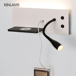 Wireless Charging USB LED Wall Lamp Bedroom Bedside Light Reading Spotlight Simple Study Living Room Multi-Function With Switch