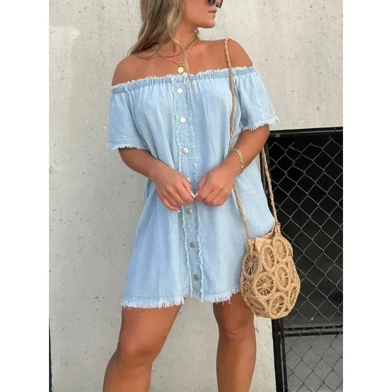 

Shirt Dress Denim 2023 Jeans Dresses Women Off Shoulder Slash Neck Blue Tassel Single Breasted A Line Mini Vestidos Streetwear