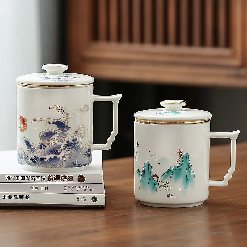 Hand-painted Landscape Pattern Series Tea Water Separating Ceramic Office goat fat Jade Porcelain Belt Cover Filter Mug, Tea Cup