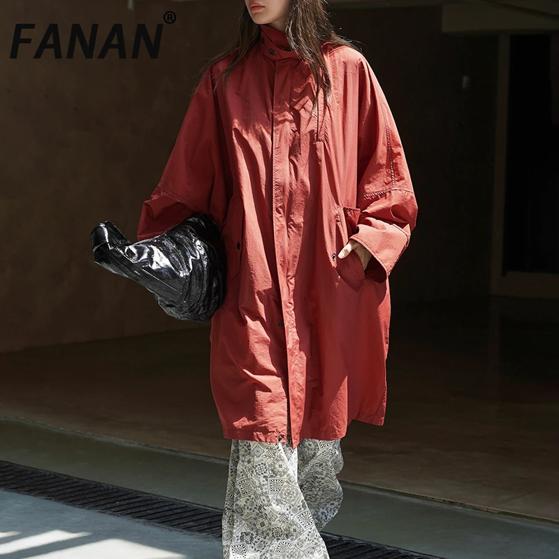 

FANAN Fashion Korean Style Stand Neck Trench For Women Solid Single Breasted Loose Windbreaker Female Coats 2025 Autumn New