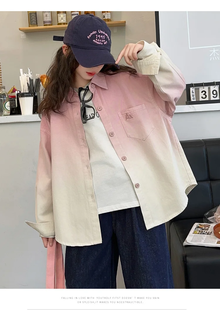 Langarm-Kinderbluse mit Farbverlauf für Mädchen 14 13 12 11 10 9 8 7 6 5 Jahre Kinder Stilvolles Baumwollhemd in Bonbonfarben für Teenager Rosa Grün – Detail 7