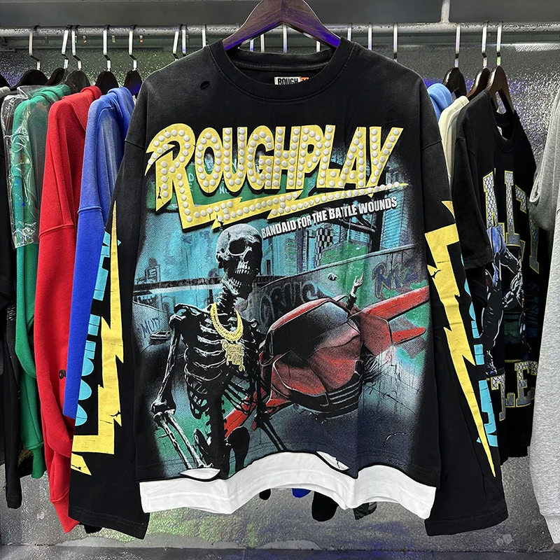 

Rough Play Long Sleeve American Street Hip Hop Skeleton Print Vintage Distressed Washed Unisex Loose Long Sleeve T-Shirt
