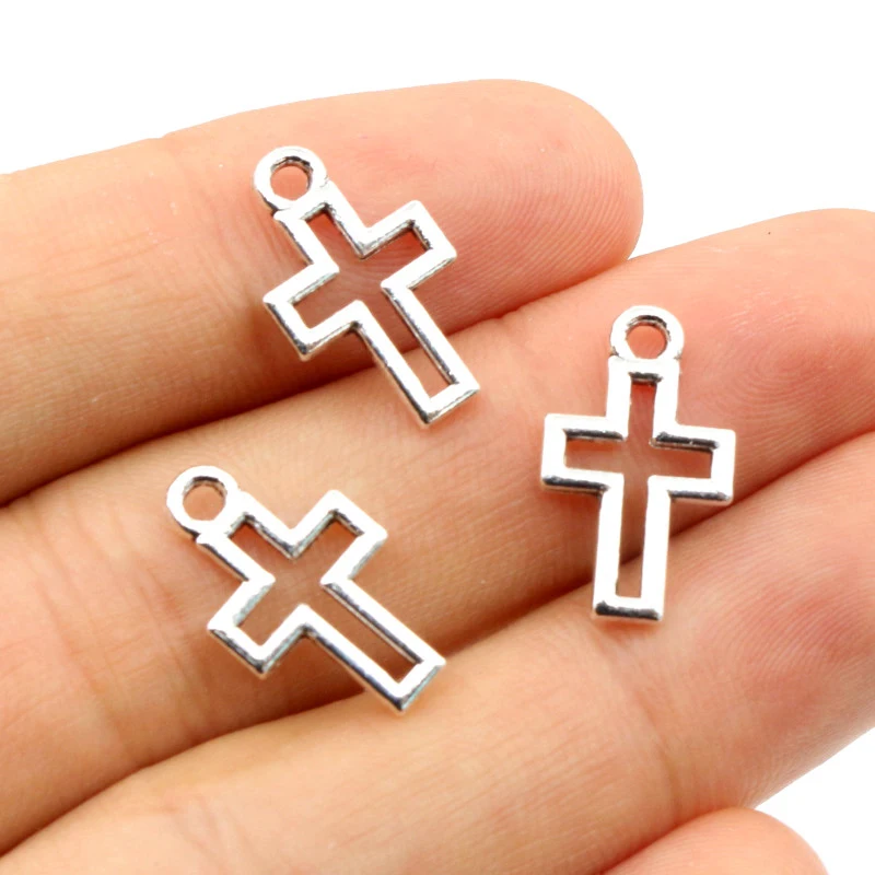 40pcs Charms Hollow Lovely Cross 17x10mm Bronze Antique Silver Color Pendants DIY Making Findings Handmade Tibetan Jewelry