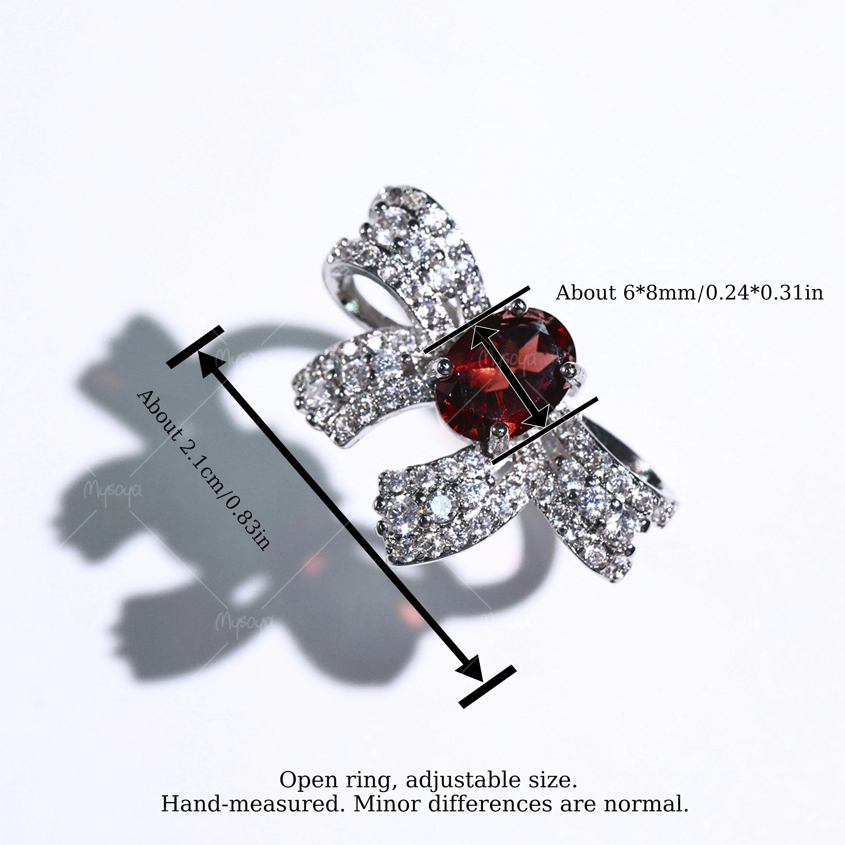 MYSOYA Silver-Plated Large Bow Ring with Natural Garnet, 6×8mm Garnet 1.48ct, Gift Box Included, January Birthstone SC23