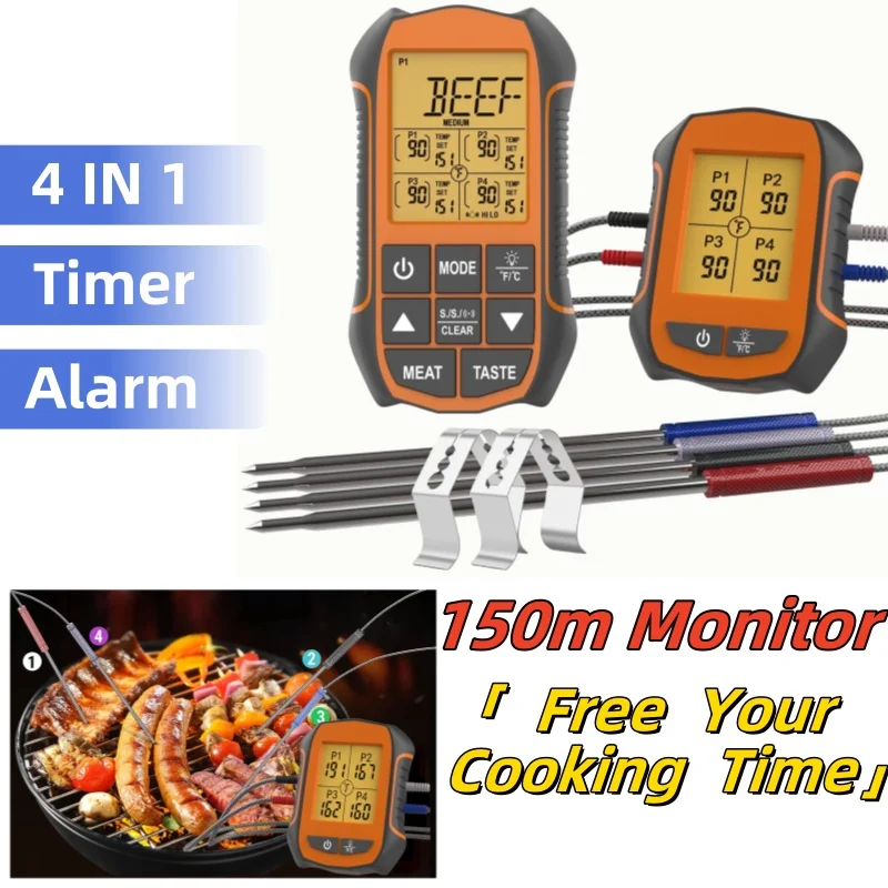 150m Monitor Food Thermometer 4-in-1 Cooking Tools Meat Temperature Measure Timer Alarm Kitchen Oven BBQ Accessories