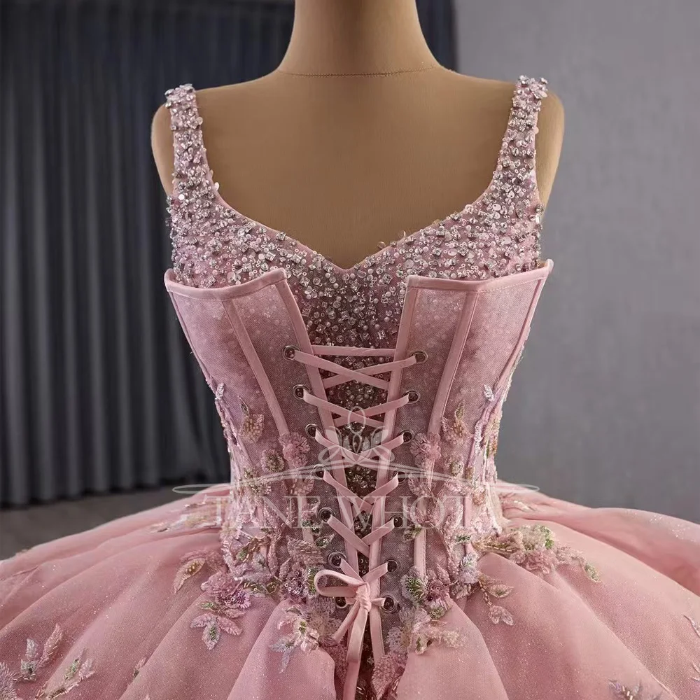 Abito da ballo rosa personalizzabile Giacca staccabile Spalline con lacci sul retro Perline Abito da donna per occasioni speciali Quinceanera