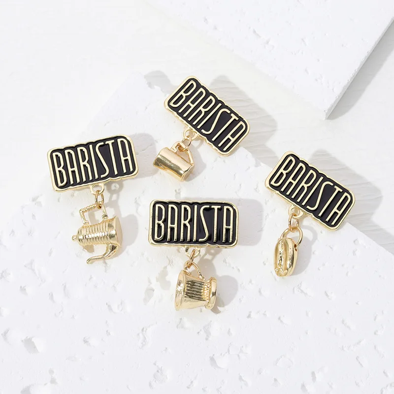 Barista Enamel Pins Custom Brooches with Pendant Coffee Mug Pot Bean Lapel Badges Vintage Jewelry Gift for Kids Friends