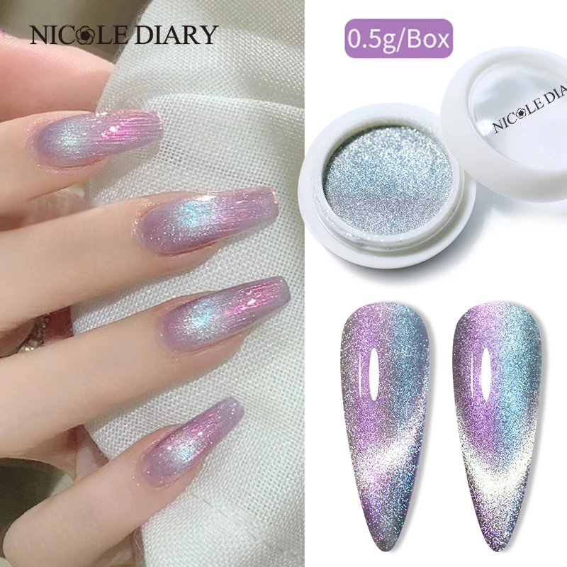 NICOLE DIARY Aurora Cat Magnetic Nail Powder Blue Purple Glitter Pearl Pigment For UV Gel Polish Dust Nail Supplies