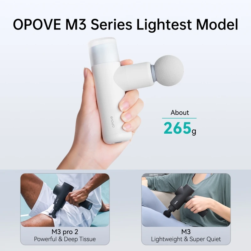 OPOVE-mini pistola de masaje M3, 265g, ultraligera, equipada con modo facial, amplitud de 7mm, 5 tipos de cabezales intercambiables