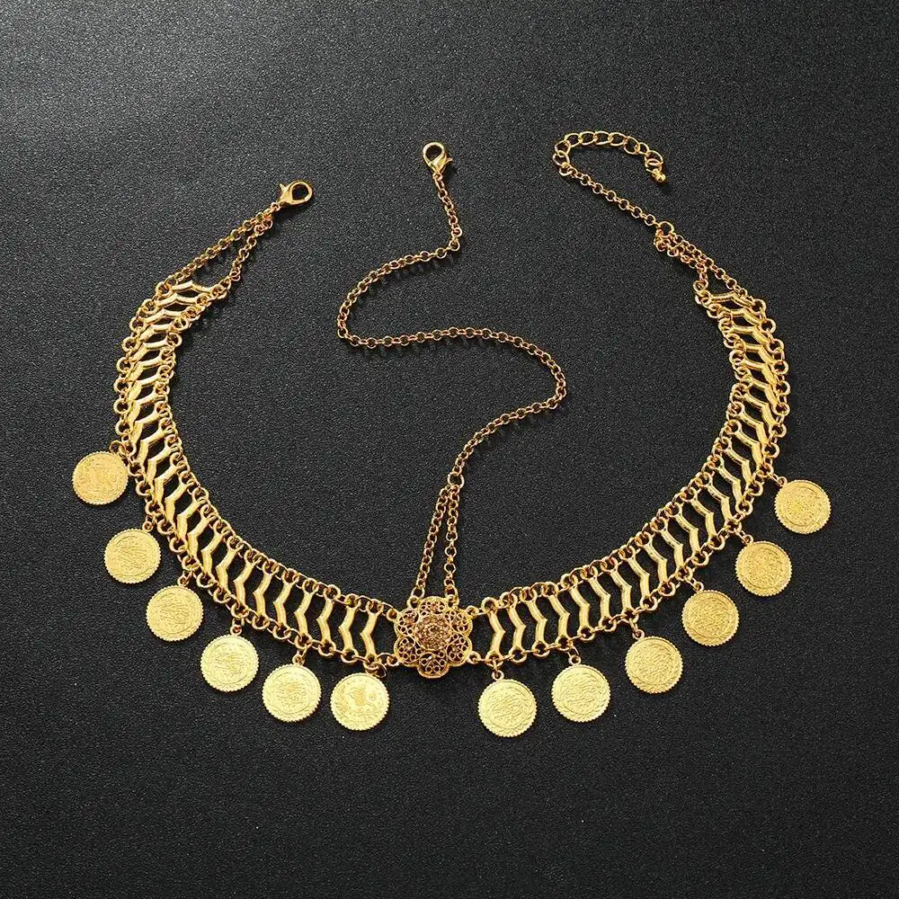 الهندي الزفاف رئيس سلسلة سبائك الذهب اللون الجوف حجر الراين زهرة عملة شرابة اكسسوارات الزفاف العروس غطاء الرأس للنساء