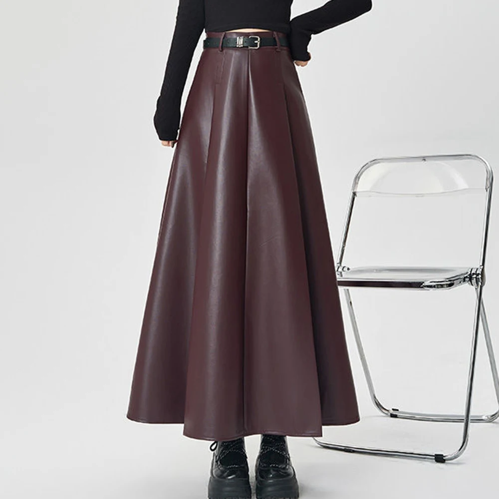 Ankola red leather skirt  autumn and winter 2025 new high waist and thin a-shaped hip medium and long umbrella skirt