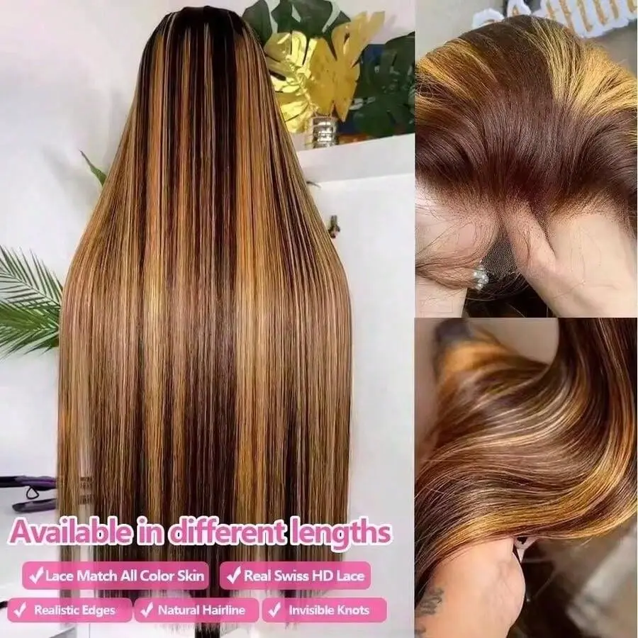 4/27 Highlight Wig Human Hair Honey Blonde Full 13x4 HD Lace Front Wigs Human Hair 210 Density Ombre Drawstring Glueless Wear Go Wigs Pre Plucked Straight Balayage Wig for Black Women 24 Inch