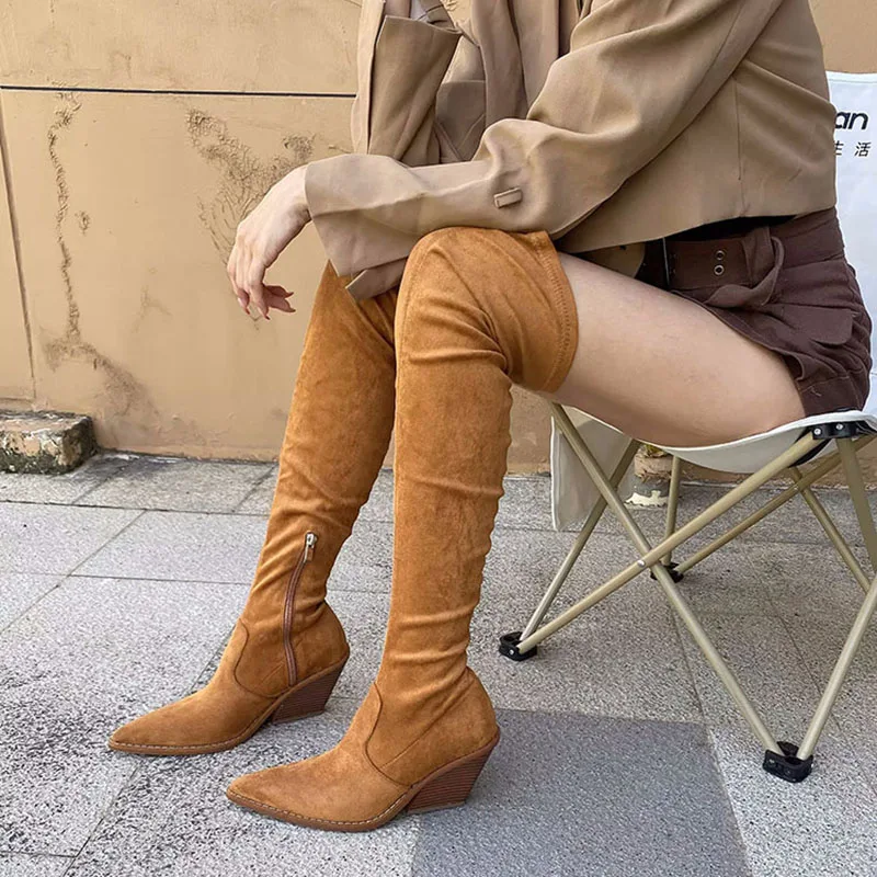 

New Flock Western Boots Side Zip Over-Knee-High Cowboy Boots Women High Heels Women Knights Boots Pointed Toe Botas de mujer