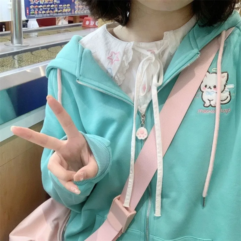 

Kawaii Harajuku толстовки на молнии в японском стиле женская милая куртка с капюшоном с кошачьими ушками негабаритные милые толстовки в стиле Лолиты для девочек