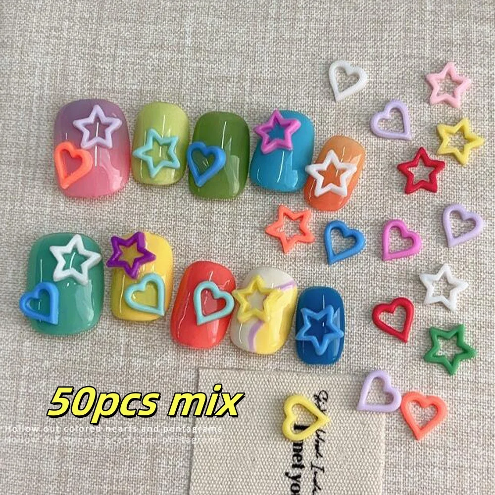 50個入り マカロン ホロースター＆ハート ネイルチャーム ドーパミンミックスカラー レジンネイルアートアクセサリー マニキュアクラフト ジュエリー製作用