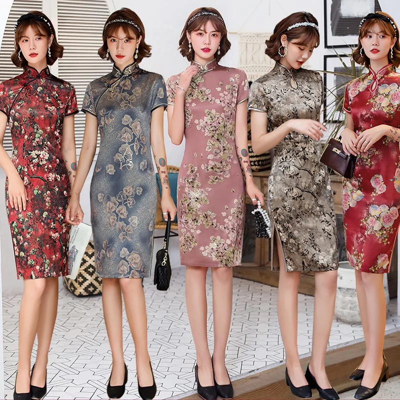 

Yourqipao Summer Improved Medium Cheongsam Retro Fashion Welcome Etiquette Clothing Chinese Style Evening Dress for Women Party