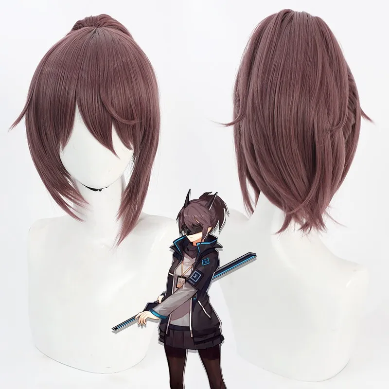 

Arknights Yato Cosplay Wig Halloween 30cm Short Straight Brown Purple Ponytail Heat Resistant Synthetic Hair