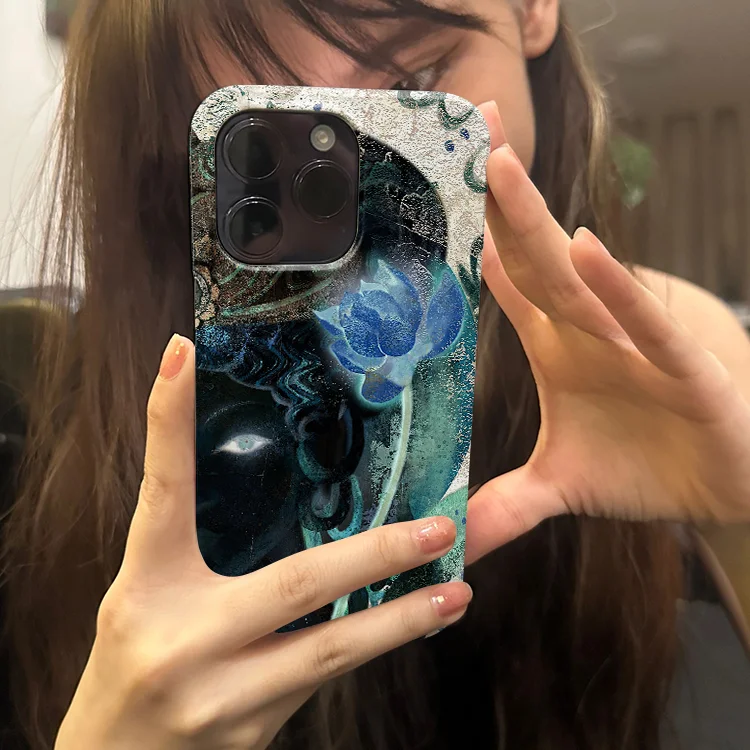 Artistic INS Style Budda Head & Lotus Flower Sacred Luck Phone Case for iPhone 16 15 14 11 12 13 Pro Max Plus X Xs XR 7 8 Cover