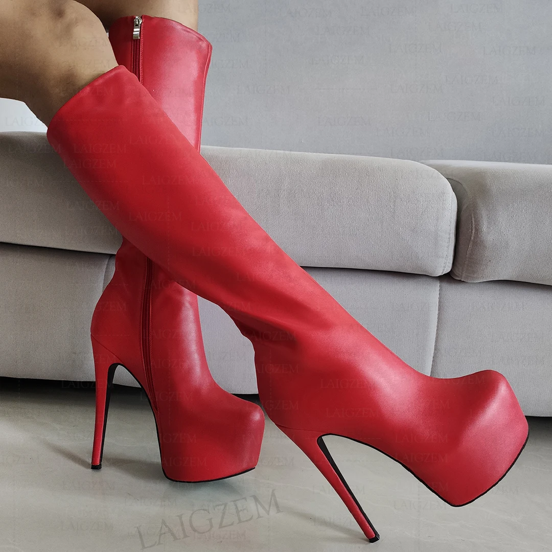 LAIGZEM Women Knee High Boots Platform Faux Leather Full Zipper Thin High Heels Boots Cosplay Shoes Woman Big Size 41 44 46 52