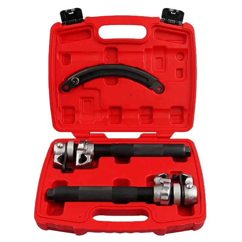 Spring compression tool, shock absorber spring remover, suspension system maintenance tool with safety support bracket