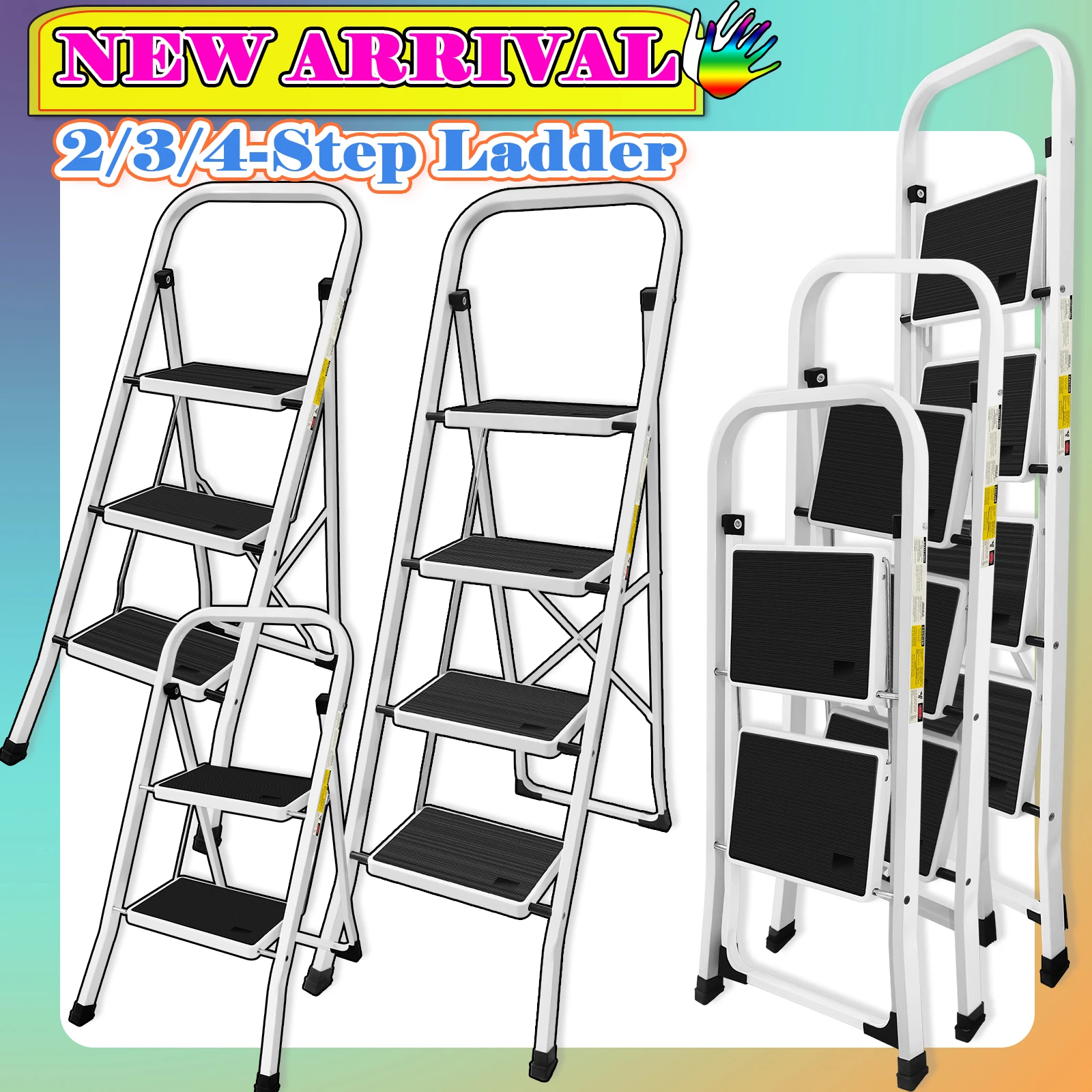 Escalera de 2/3/4 escalones, escalera antideslizante portátil plegable de acero, resistente, multiusos para el hogar, capacidad de 150kg/330lbs