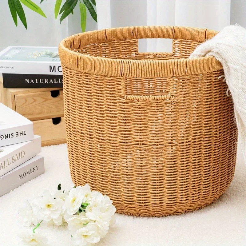 

Woven rattan handle dirty clothes bucket, circular clothes storage bucket, bathroom plastic laundry basket, storage basket