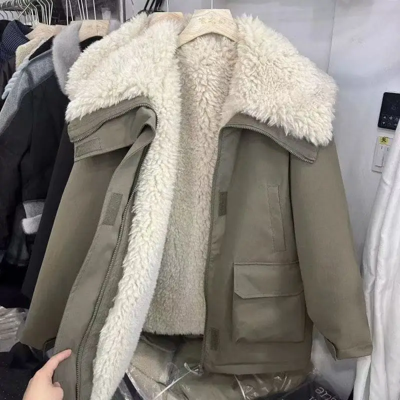 여성용 코튼 코트 패션 빅 칼라 플러시 두꺼운 캐주얼 코튼 코트 2025 겨울 재킷 워크웨어 스타일 파커 코트 탑스 여성용