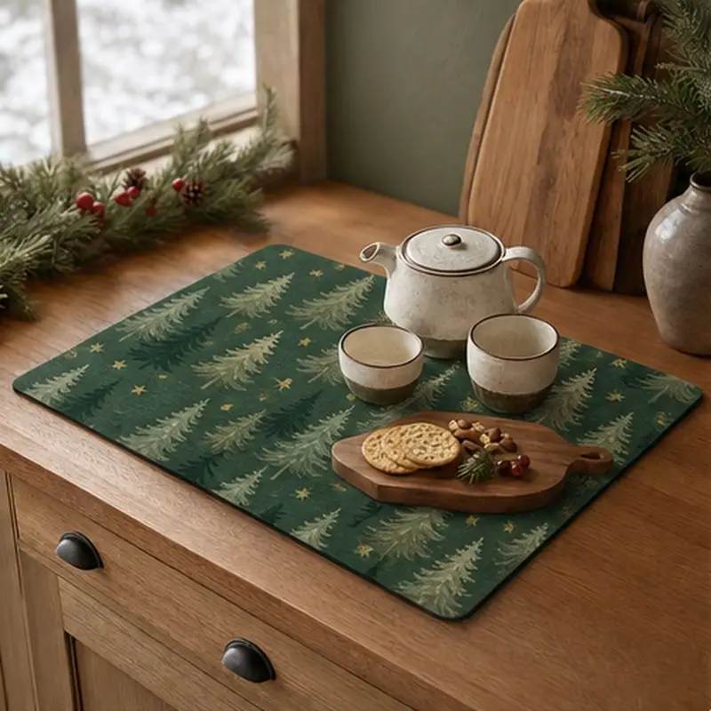 VIKAMA Rustic Christmas Dish Drying Mat Absorbent Non Slip Kitchen Counter Mat Tableware Drainer Pad Party Home Decor