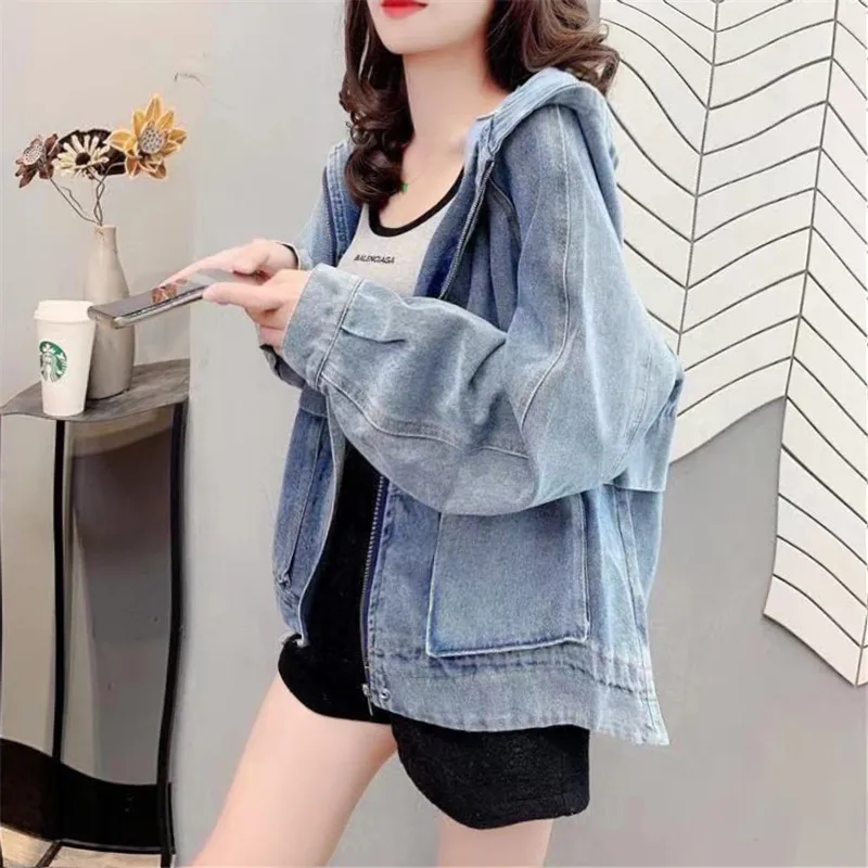 Korean Fashion Streetwear Hooded Sweatshirts Casual Patchwork Pocket Denim Long Sleeve Zip Up Hoodie Jean Jacket for Women Cloth