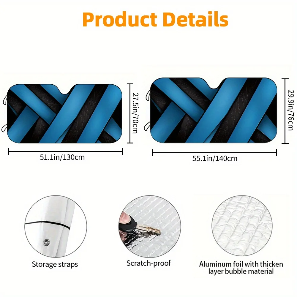 A Car Sunshade With A Blue And Black Geometric Pattern, Designed For The Front Windshield. It Features High-Definition Printing