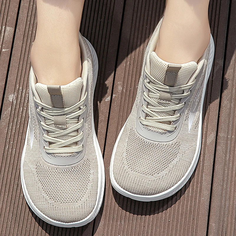 

Осень 2025 г., бежевые вязаные туфли, женские дышащие легкие спортивные кроссовки для бега, прогулочная обувь для женщин, кроссовки высокого качества