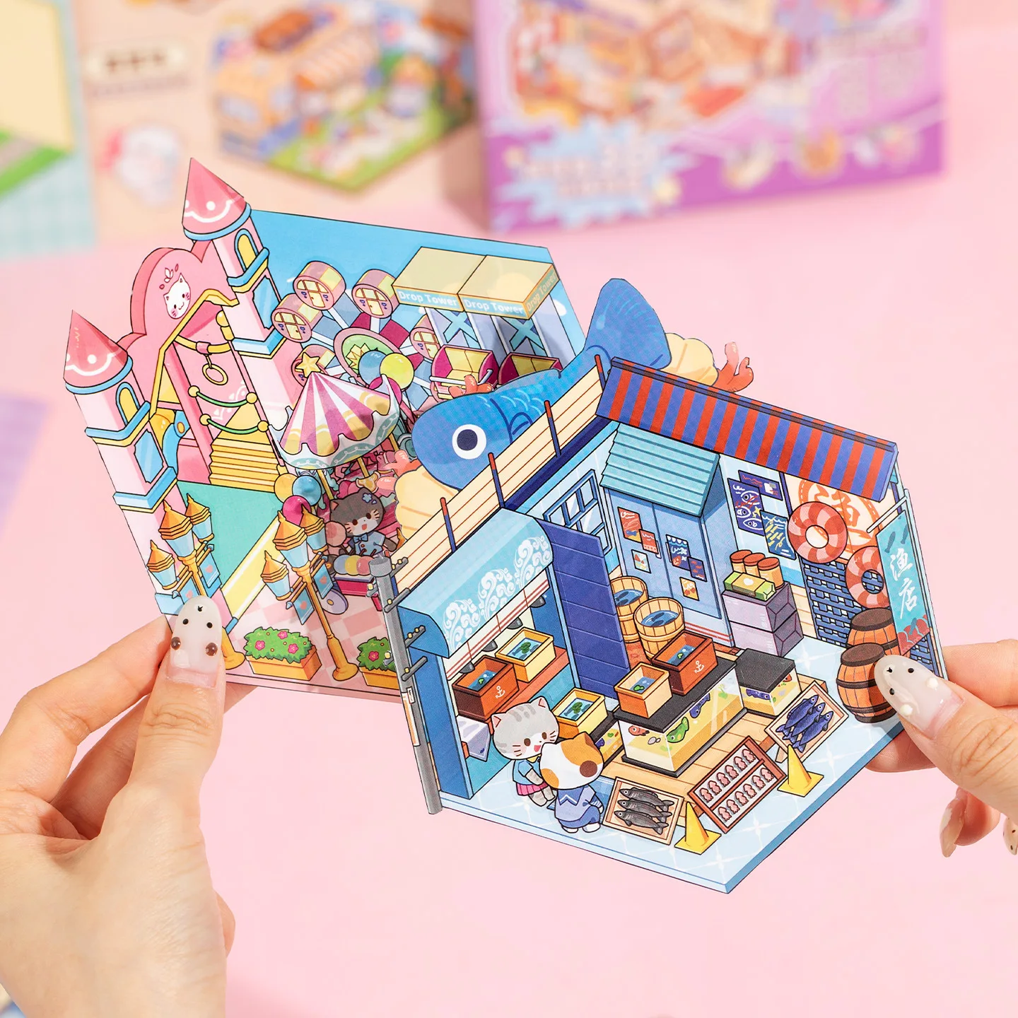 3D  sticker book Fanfan Cat 2.0, 18 miniature scenes, coil binding DIY layered stacking landscape stickers, scrapbook magazine