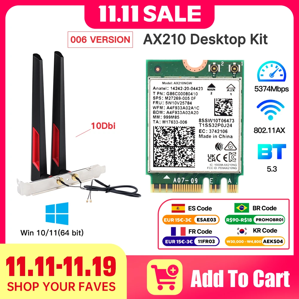 

Трехдиапазонная беспроводная карта Wi-Fi 6E AX210 M.2, 5374 Мбит/с, Bluetooth 5,3, 802.11ac/ax AX210NGW с антеннами 10 дБи для Win 10