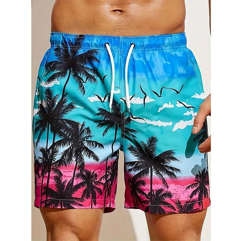 Men's Beach Shorts 3D Print Coconut Tree Pattern Drawstring Quick DryShorts For Women Men Summer Casual Oversized Sport Shorts