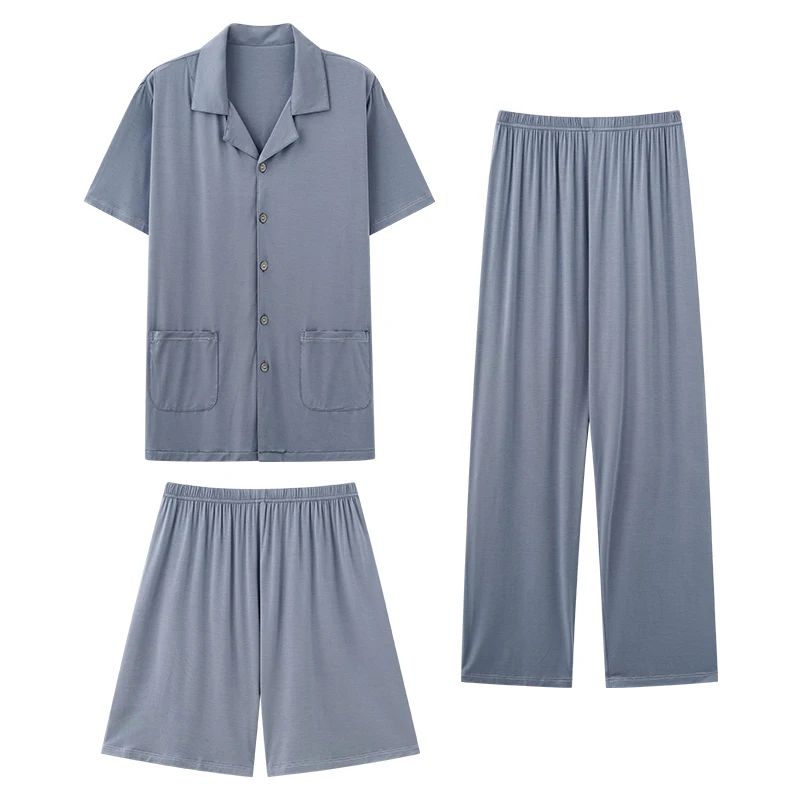 Summer Casual Fashion Modal Short Sleeve Pajamas Set 3 Piece Set Long Pants+Cardigan Tops+Shorts For Male Sleepwear Homewear 4XL