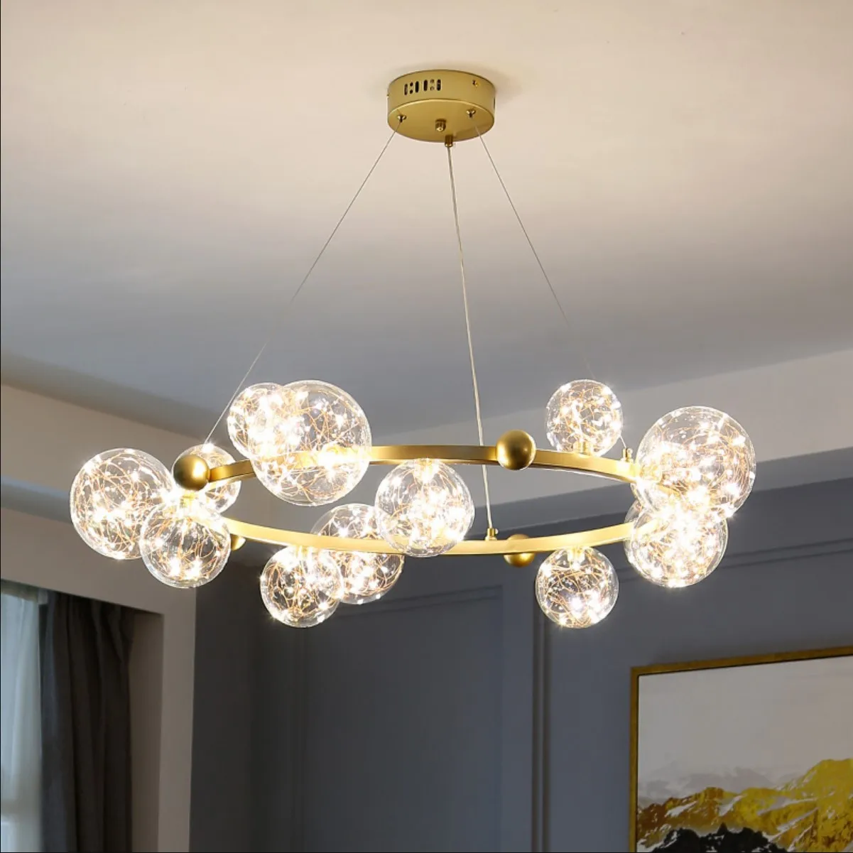 Lámpara LED moderna de cristal transparente para decoración de dormitorio, candelabro estrellado, blanco cálido, atenuación de burbuja para sala de estar y comedor