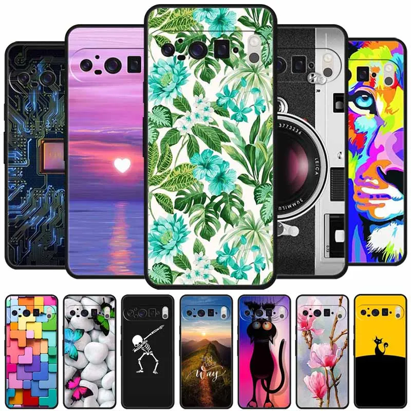 

For Google Pixel 10 Pro XL 5G Case Lovely Cat TPU Black Soft Silicone Back Cover Flowers Shockproof Bumper Coque 6.8" Phone Case