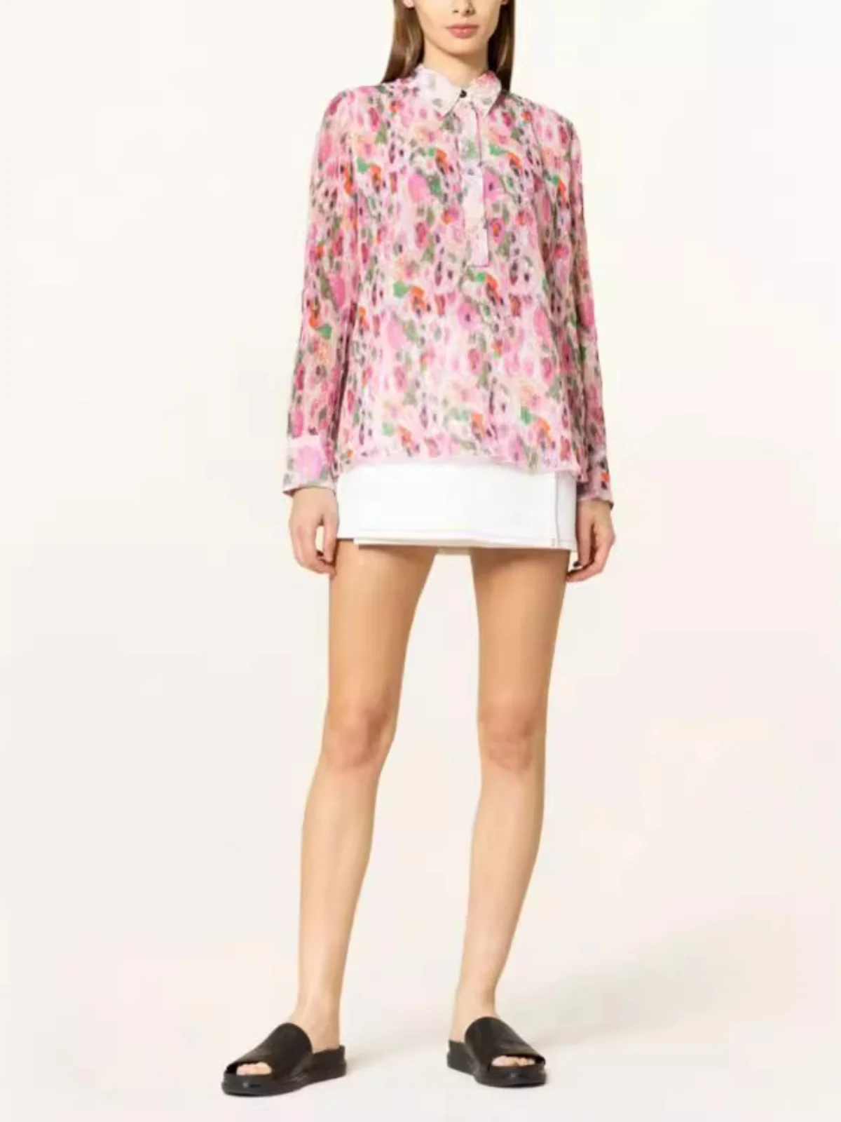 

Свободный женский топ Long Sve irt с цветочным принтом Gor Top Sweet Sle Nordic Pink Flower Design V-Ne Regular Length