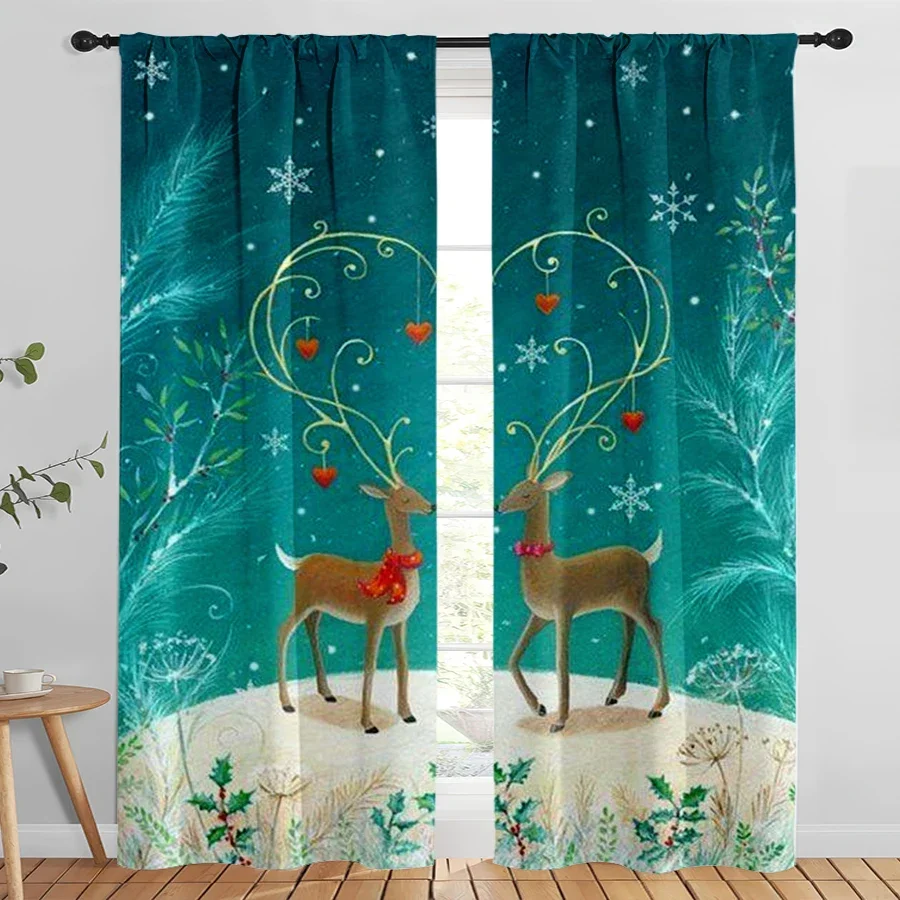 Enchanted Forest Deer Christmas Curtain Waterproof Window Drapes Holiday Seasonal Home Decor