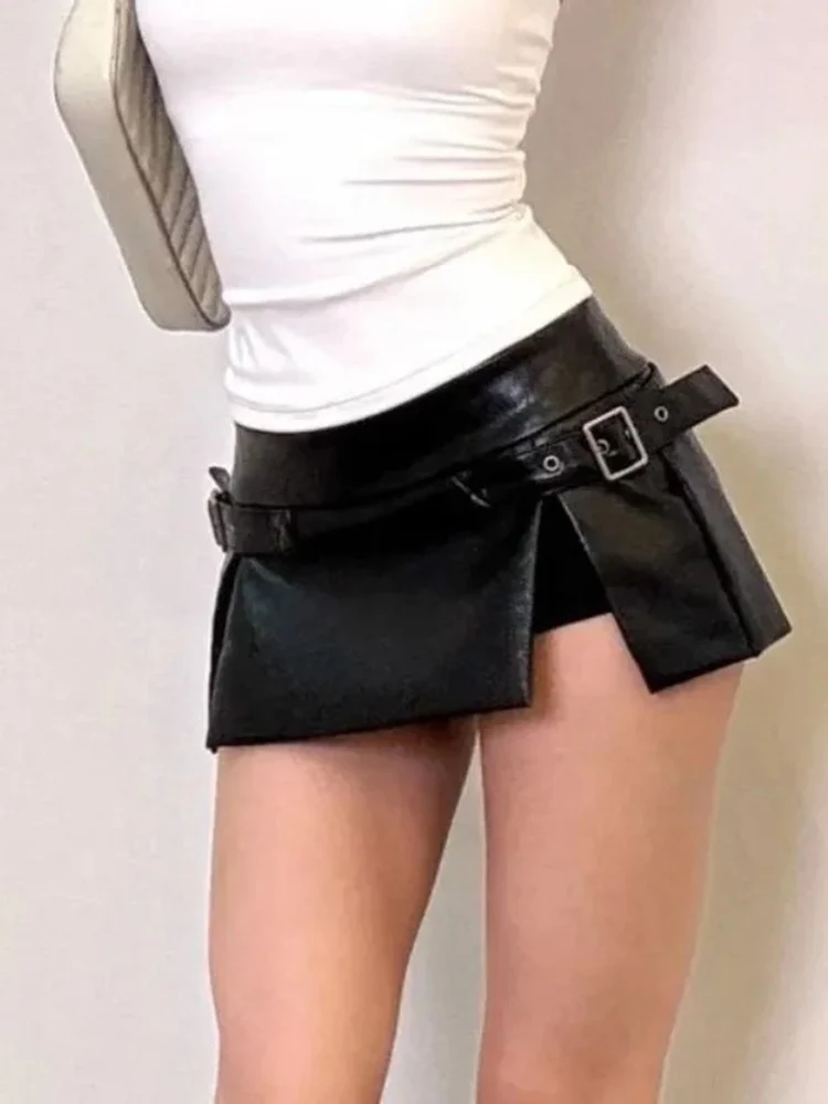 Couro do plutônio preto ultra mini saia feminina coreano sexy cintura baixa dividir saias de emagrecimento retro picante menina streetwear faldas