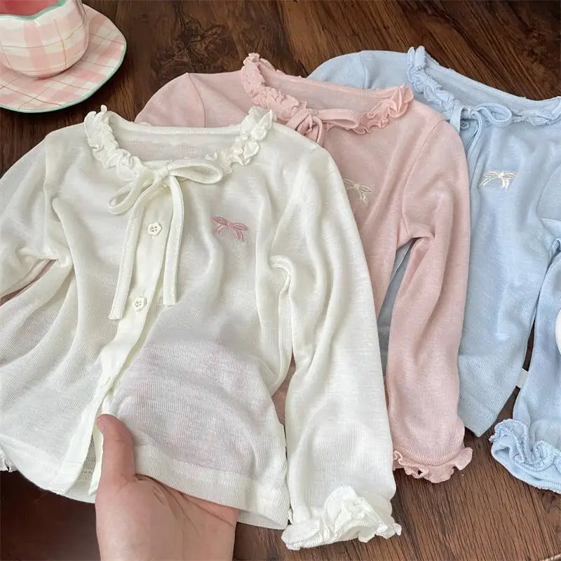 Girls Bow Embroidery Lightweight Open Front Cardigan Solid Color Ruffle Lace Spring Summer Cover Up